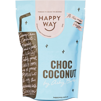 Happy Way Ashy Bines whey protein powder choc coconut for muscle recovery and lean protein intake