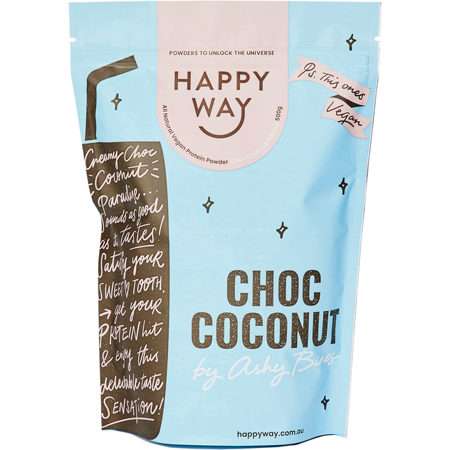 Happy Way Ashy Bines whey protein powder choc coconut for muscle recovery and lean protein intake