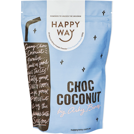 Happy Way Ashy Bines whey protein powder choc coconut for muscle recovery and lean protein intake