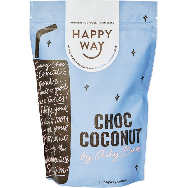 Happy Way Ashy Bines whey protein powder choc coconut for muscle recovery and lean protein intake