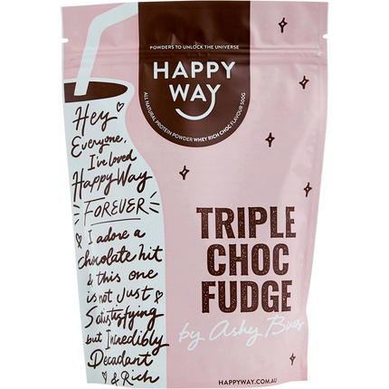 Happy Way Ashy Bines whey protein powder triple choc fudge for muscle recovery and lean protein intake