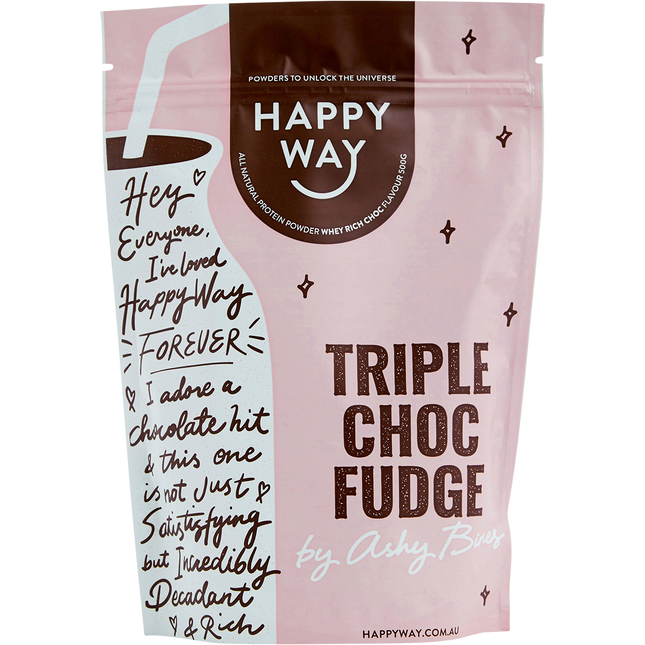Happy Way Ashy Bines whey protein powder triple choc fudge for muscle recovery and lean protein intake