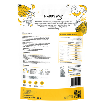 Happy Way whey protein powder banana smooth fruity flavour for shakes and daily nutrition