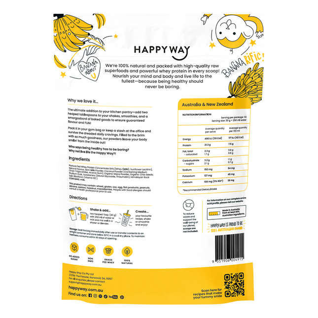 Happy Way whey protein powder banana smooth fruity flavour for shakes and daily nutrition