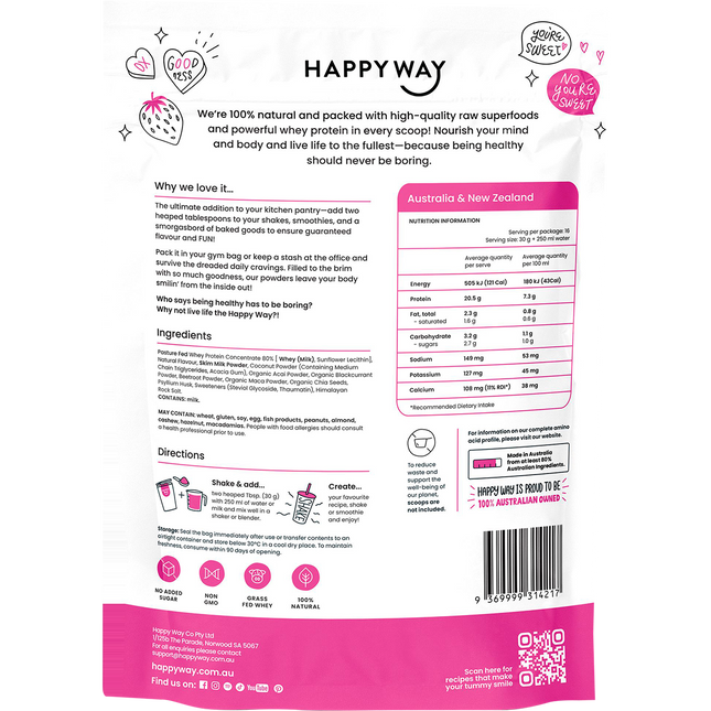 Happy Way whey protein powder berry smooth fruity flavour for shakes and daily nutrition