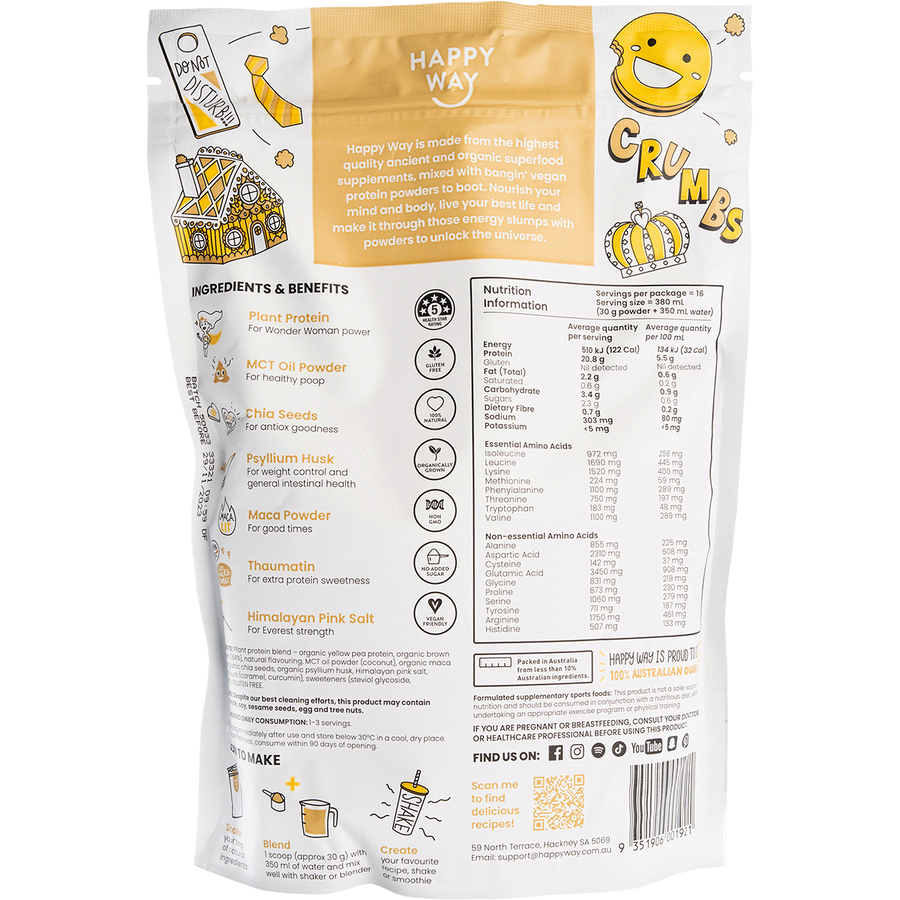 Happy Way vegan protein powder caramel biscuit dairy free protein for shakes and smoothies