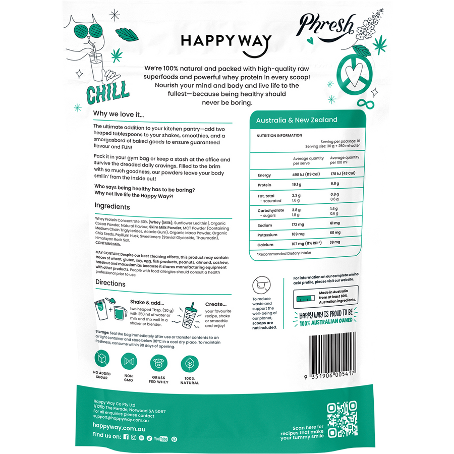 Happy Way choc mint whey protein powder smooth chocolate and mint flavour