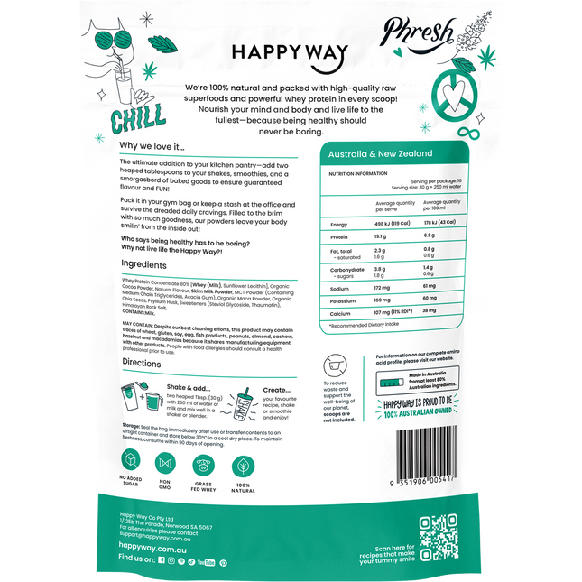 Happy Way choc mint whey protein powder smooth chocolate and mint flavour