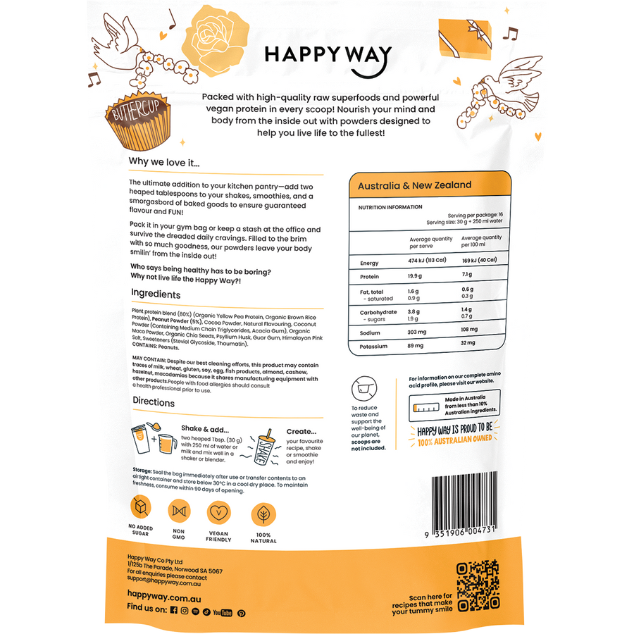 Happy Way vegan protein powder choc peanut butter dairy free protein for smoothies and daily use