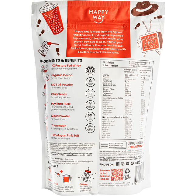 Happy Way whey protein powder chocolate hazelnut smooth flavour for shakes and daily nutrition