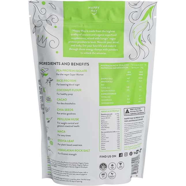 Happy Way pea protein powder chocolate dairy free protein for shakes baking and recipes
