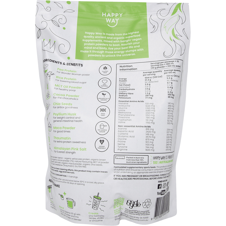 Happy Way vegan protein powder chocolate dairy free protein for daily nutrition and recovery