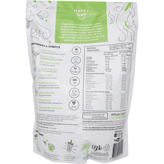 Happy Way vegan protein powder chocolate dairy free protein for daily nutrition and recovery
