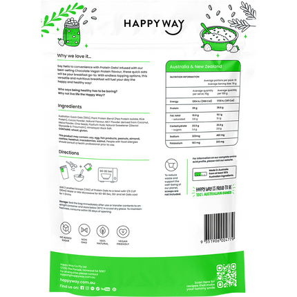 Happy Way vegan protein quick oats chocolate high protein plant based breakfast option