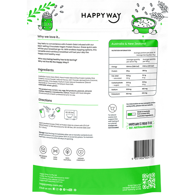 Happy Way vegan protein quick oats chocolate high protein plant based breakfast option