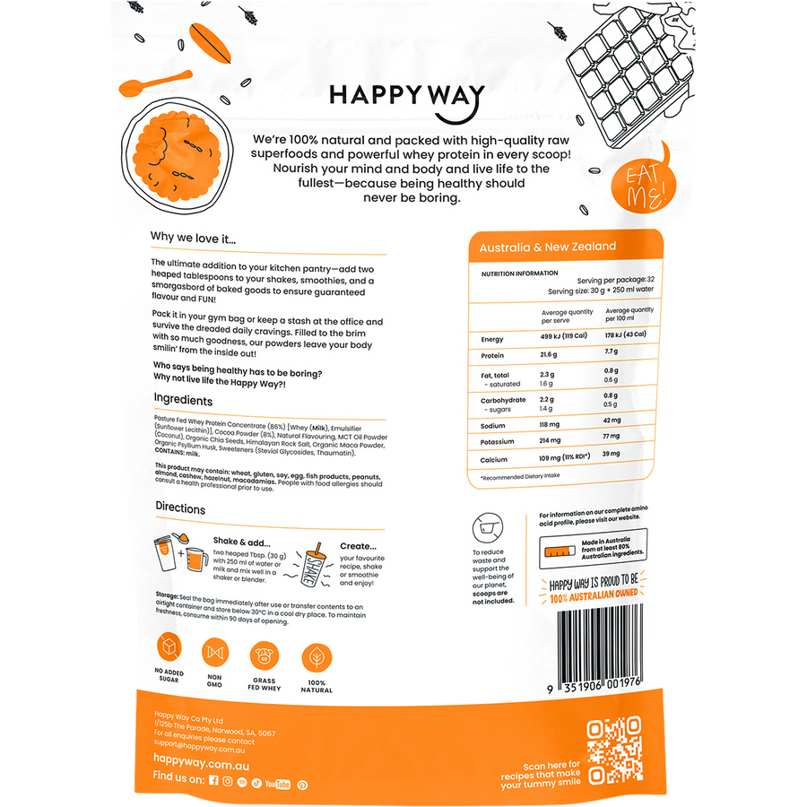 Happy Way whey protein powder chocolate smooth flavour for shakes and daily nutrition