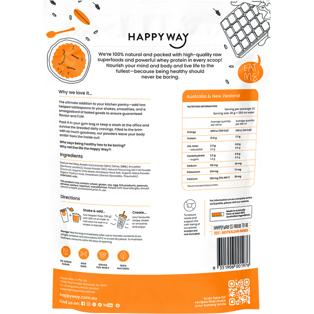 Happy Way whey protein powder chocolate smooth flavour for shakes and daily nutrition