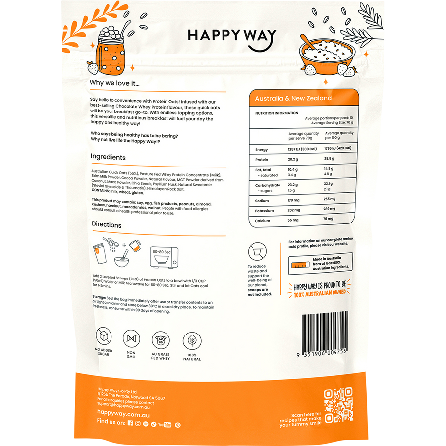 Happy Way whey protein quick oats chocolate rich flavour for daily nutrition and recovery