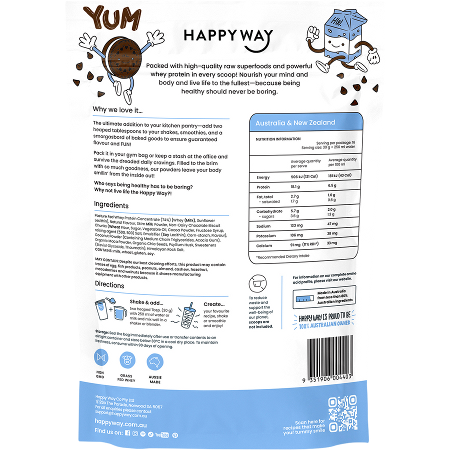 Happy Way whey protein powder cookies and cream smooth flavour for shakes and daily nutrition