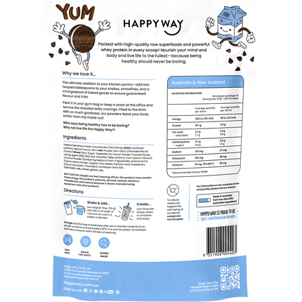 Happy Way whey protein powder cookies and cream smooth flavour for shakes and daily nutrition