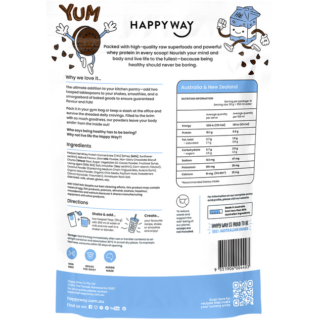 Happy Way whey protein powder cookies and cream smooth flavour for shakes and daily nutrition