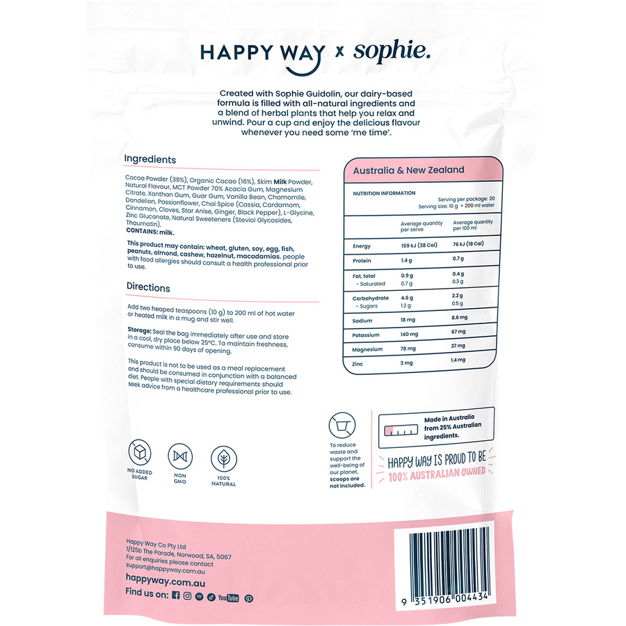 Happy Way Sophie's Hot Choccy Dairy Vanilla Chai smooth vanilla chai protein beverage