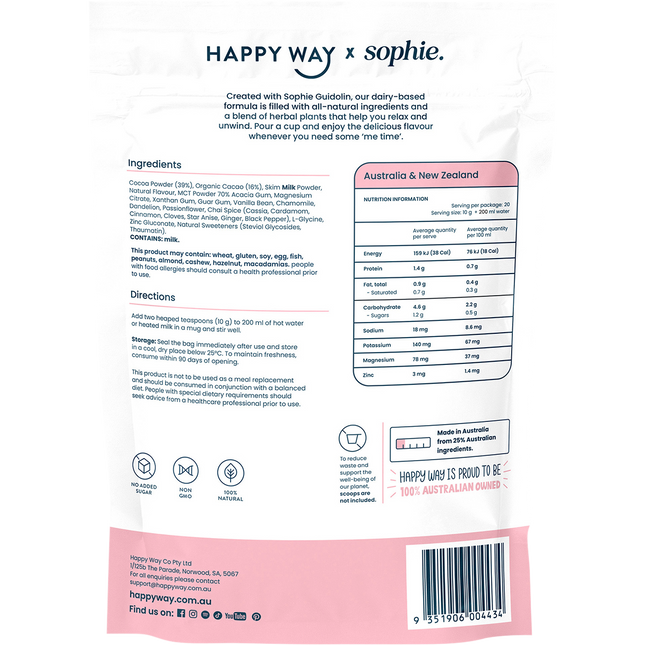 Happy Way Sophie's Hot Choccy Dairy Vanilla Chai smooth vanilla chai protein beverage