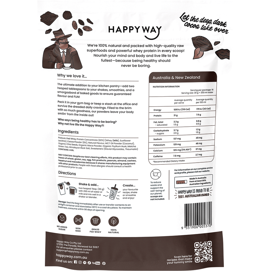 Happy Way whey protein powder dark chocolate smooth flavour for shakes and daily nutrition