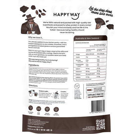 Happy Way whey protein powder dark chocolate smooth flavour for shakes and daily nutrition