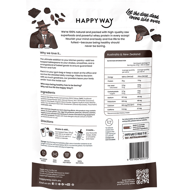 Happy Way whey protein powder dark chocolate smooth flavour for shakes and daily nutrition