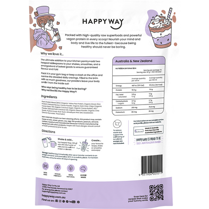 Happy Way vegan protein powder double choc chip dairy free protein for shakes and smoothies