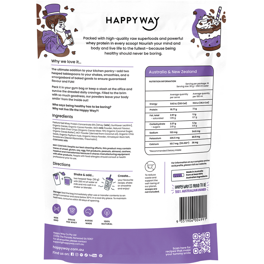 Happy Way whey protein powder double choc chip smooth chocolate flavour for shakes and daily nutrition