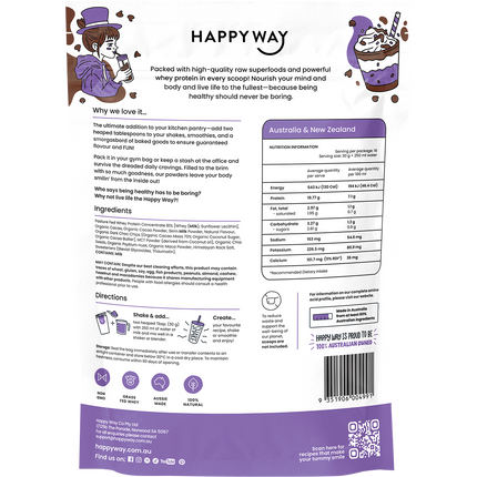 Happy Way whey protein powder double choc chip smooth chocolate flavour for shakes and daily nutrition