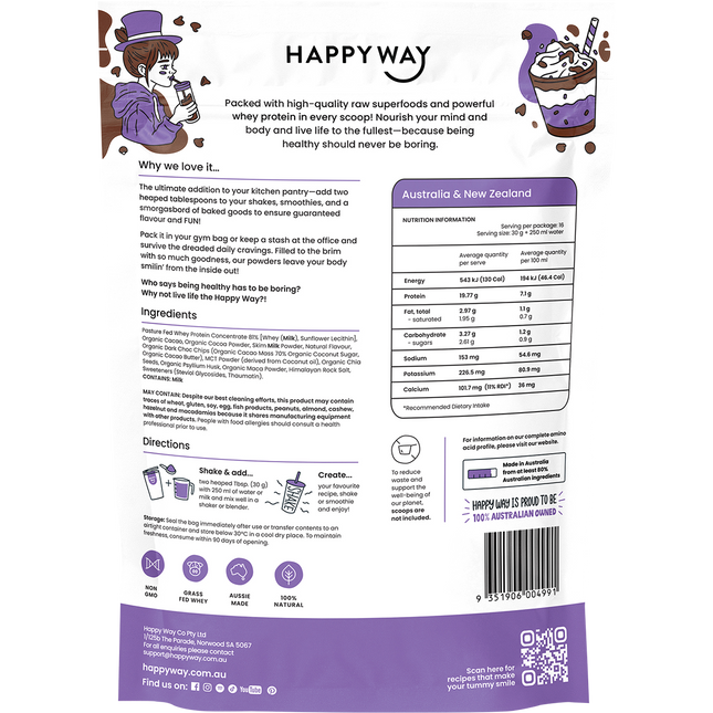 Happy Way whey protein powder double choc chip smooth chocolate flavour for shakes and daily nutrition