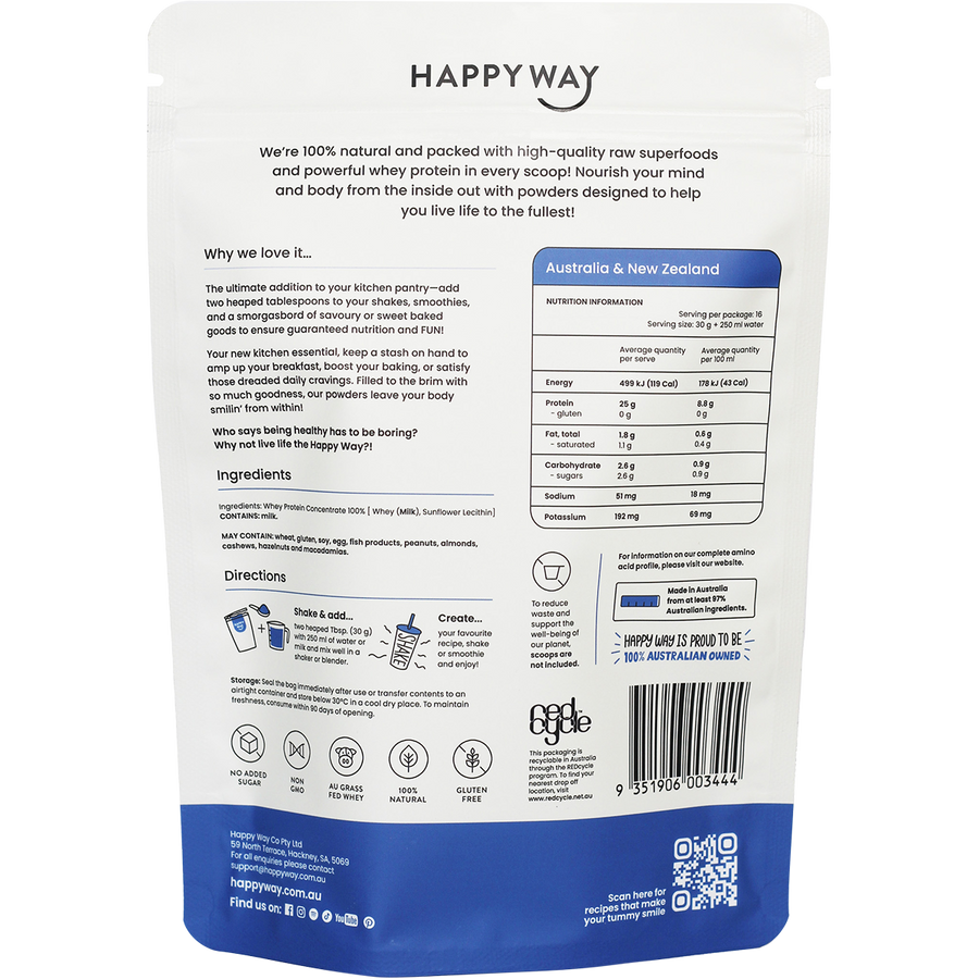 Happy Way whey protein powder flavourless smooth and versatile for shakes and recipes