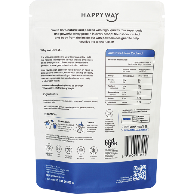 Happy Way whey protein powder flavourless smooth and versatile for shakes and recipes