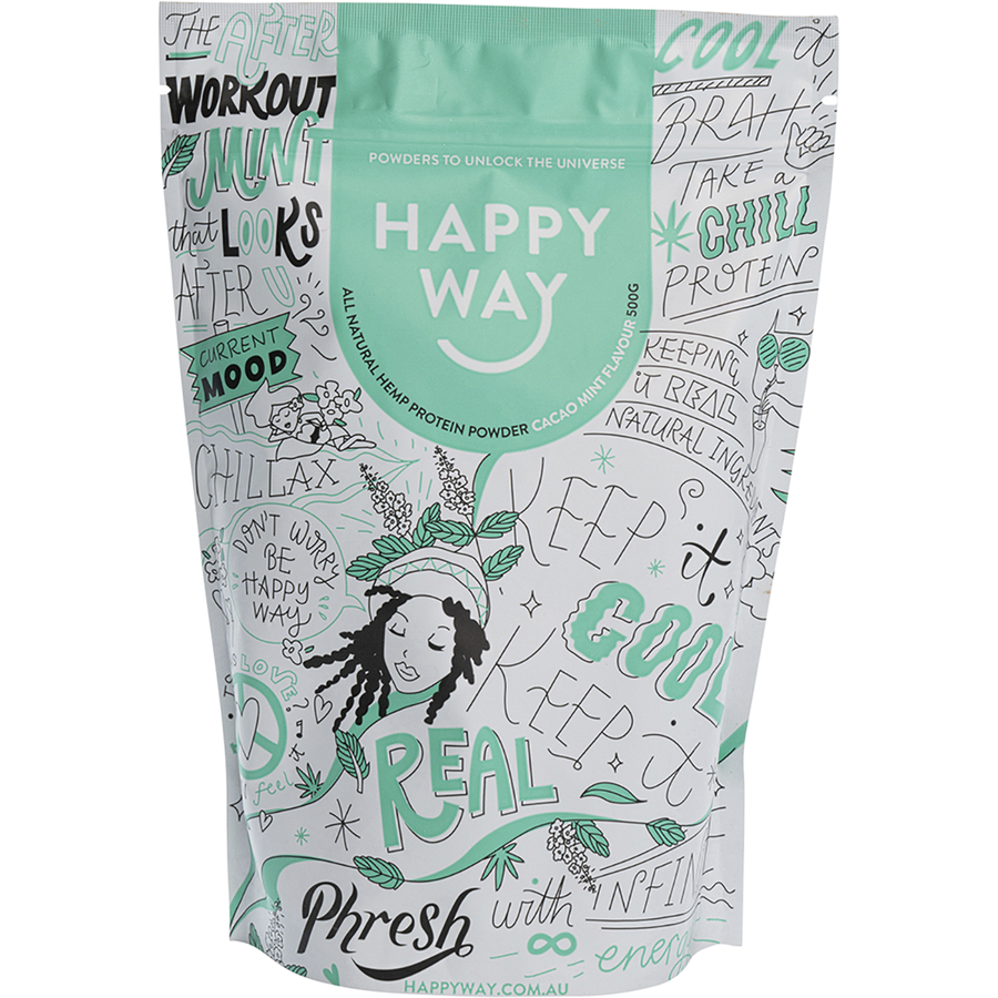 Happy Way hemp protein powder cacao mint plant based protein for smoothies and muscle support