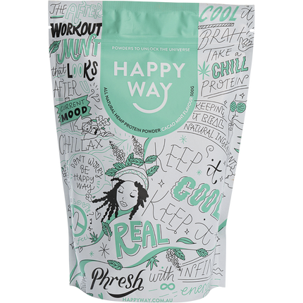 Happy Way hemp protein powder cacao mint plant based protein for smoothies and muscle support