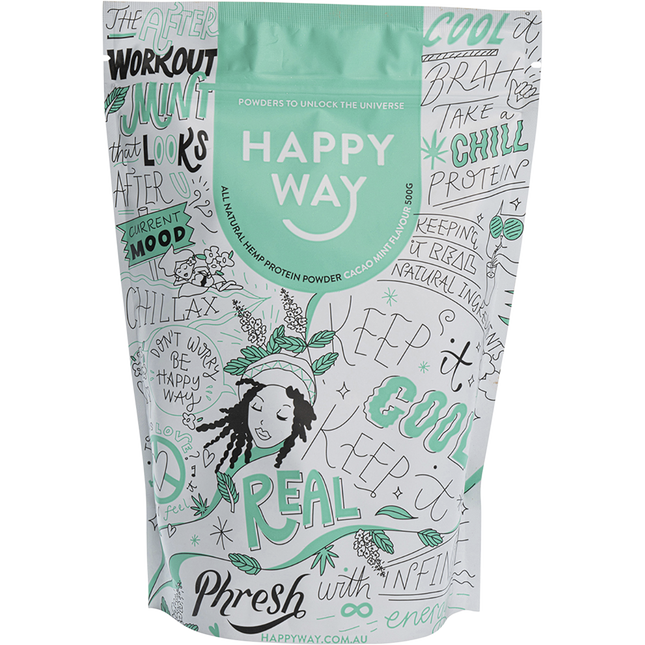 Happy Way hemp protein powder cacao mint plant based protein for smoothies and muscle support