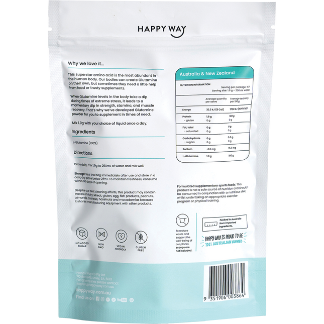 Happy Way glutamine powder L glutamine unflavoured amino acid for recovery and performance