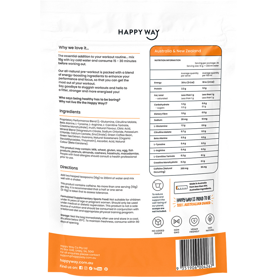 Happy Way pre workout powder mango for strength stamina and gym performance