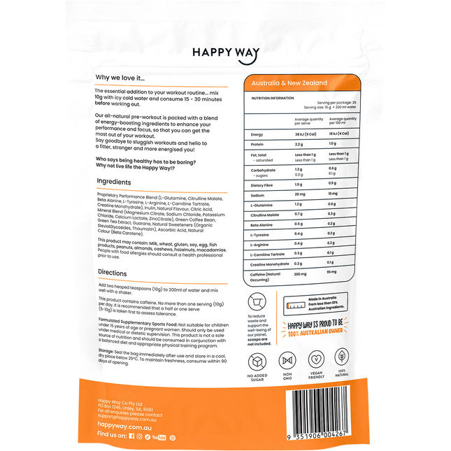 Happy Way pre workout powder mango for strength stamina and gym performance