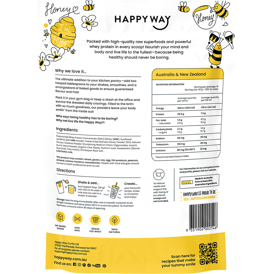 Happy Way whey protein powder manuka honey smooth flavour for shakes and daily nutrition
