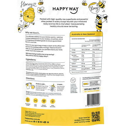 Happy Way whey protein powder manuka honey smooth flavour for shakes and daily nutrition