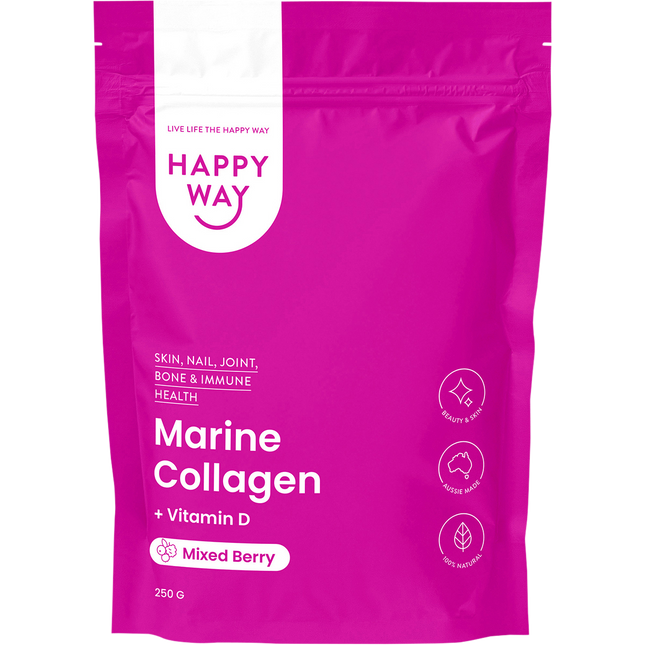 Happy Way marine collagen plus vitamin D mixed berry for skin and bone support
