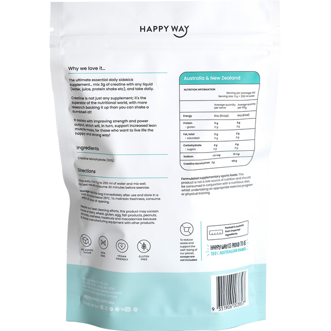 Happy Way creatine powder monohydrate unflavoured performance support for workouts
