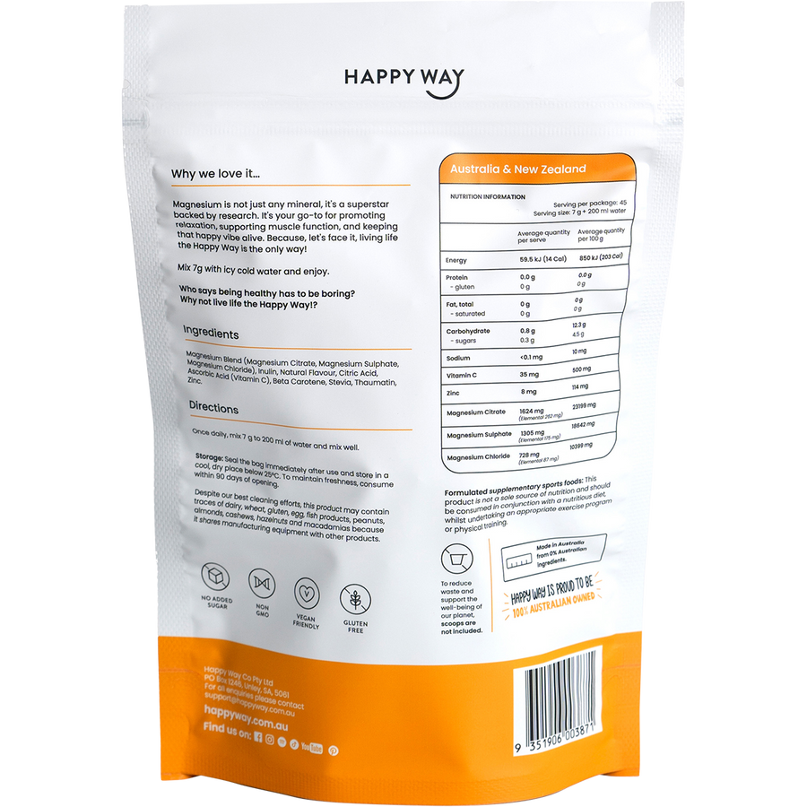 Happy Way magnesium powder orange refreshing daily wellness support