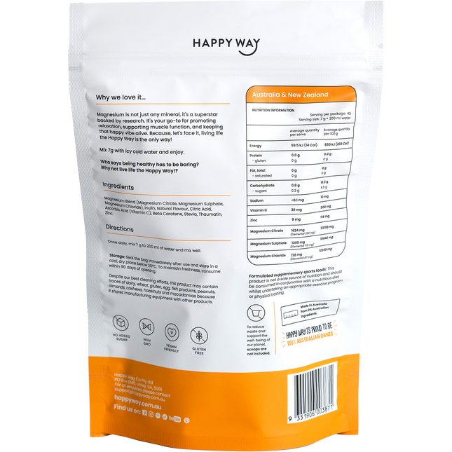 Happy Way magnesium powder orange refreshing daily wellness support