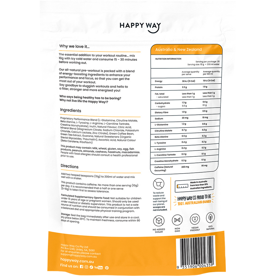 Happy Way passionfruit pre workout powder for strength stamina and gym performance