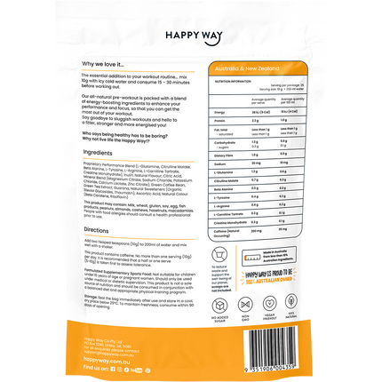 Happy Way passionfruit pre workout powder for strength stamina and gym performance